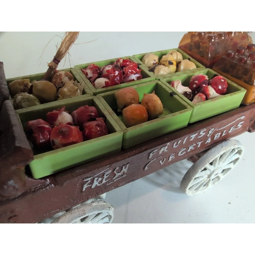 ANTIQUE Cast Iron Fruit Vegetable Wagon Horses Vintage Rustic Primitive Driver